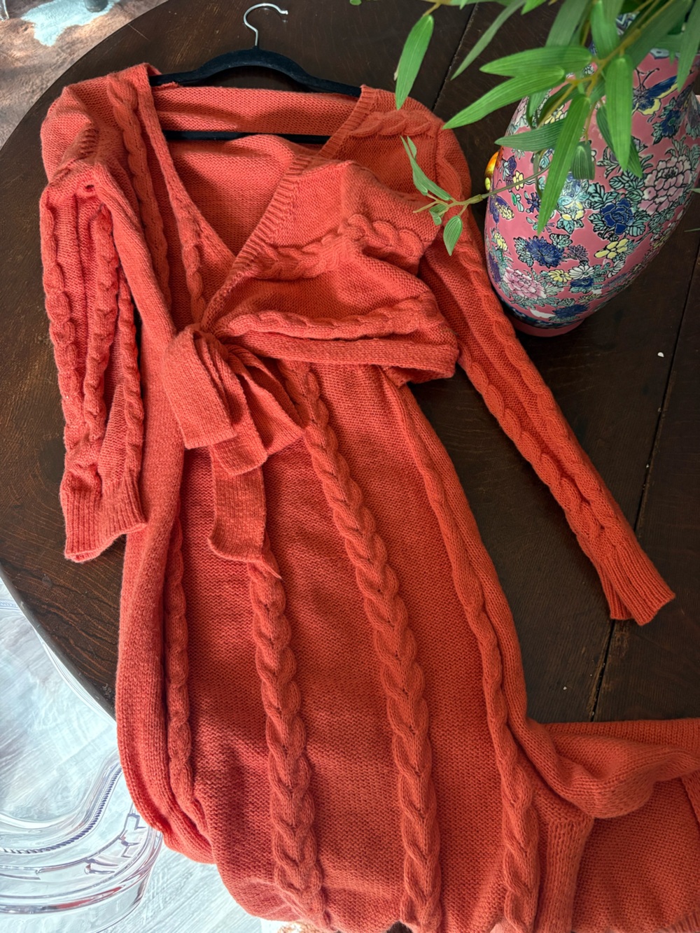 Women's Cable-Knit Tie Front Sweater Dress In Coral
